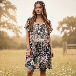 Dots Dress Floral Animal Print Patchwork Boho Festival Sheer Fairy Black Pink 3X
